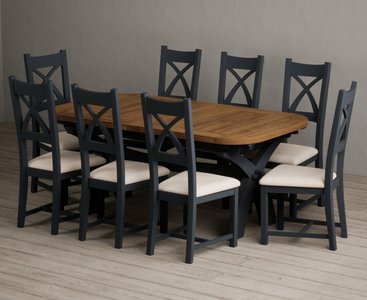 View Extending olympia 180cm oak and dark blue dining table with 8 linen painted chairs View Extending olympia 180cm oak and dark blue dining table with 8 linen painted chairs