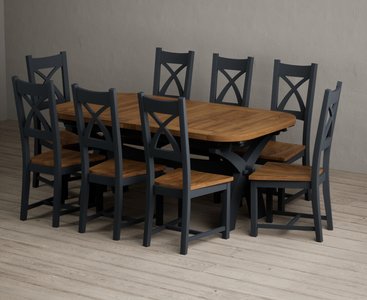 View Extending olympia 180cm oak and dark blue dining table with 8 rustic oak painted chairs View Extending olympia 180cm oak and dark blue dining table with 8 rustic oak painted chairs