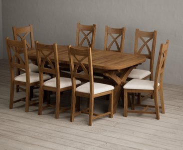 View Extending olympia 180cm rustic solid oak dining table with 8 linen rustic solid oak chairs View Extending olympia 180cm rustic solid oak dining table with 8 linen rustic solid oak chairs
