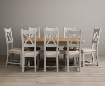 View Extending olympia 180cm oak and soft white painted dining table with 8 linen painted chairs View Extending olympia 180cm oak and soft white painted dining table with 8 linen painted chairs