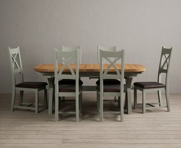 View Extending olympia 180cm oak and soft green dining table with 6 brown painted chairs View Extending olympia 180cm oak and soft green dining table with 6 brown painted chairs