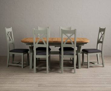 View Extending olympia 180cm oak and soft green dining table with 6 charcoal grey painted chairs View Extending olympia 180cm oak and soft green dining table with 6 charcoal grey painted chairs