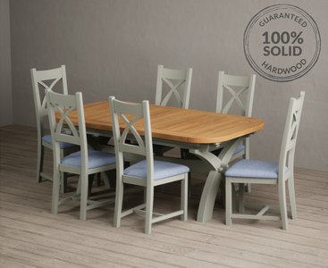 View Extending olympia 180cm oak and soft green dining table with 6 blue painted chairs View Extending olympia 180cm oak and soft green dining table with 6 blue painted chairs