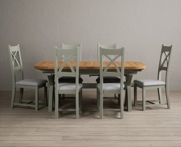 View Extending olympia 180cm oak and soft green dining table with 6 light grey painted chairs View Extending olympia 180cm oak and soft green dining table with 6 light grey painted chairs