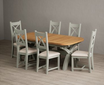 View Extending olympia 180cm oak and soft green dining table with 6 linen painted chairs View Extending olympia 180cm oak and soft green dining table with 6 linen painted chairs