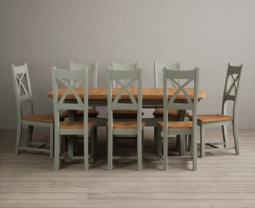 View Extending olympia 180cm oak and soft green dining table with 8 oak painted chairs View Extending olympia 180cm oak and soft green dining table with 8 oak painted chairs