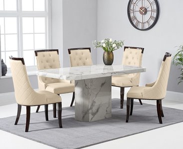 View Belle 160cm white marble dining table with 6 cream francesca chairs View Belle 160cm white marble dining table with 6 cream francesca chairs