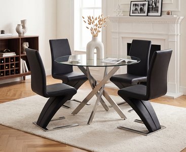 View Bernini 110cm glass dining table with 4 black aldo chairs View Bernini 110cm glass dining table with 4 black aldo chairs
