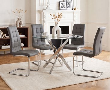 View Bernini 110cm glass dining table with 4 grey vigo chairs View Bernini 110cm glass dining table with 4 grey vigo chairs