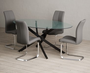 View Bernini 165cm black leg oval glass dining table with 6 grey gianni chairs View Bernini 165cm black leg oval glass dining table with 6 grey gianni chairs