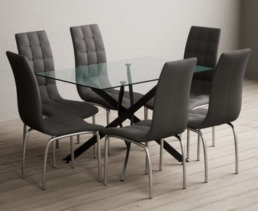 View Bernini 120cm black leg rectangular glass dining table with 6 grey enzo chairs View Bernini 120cm black leg rectangular glass dining table with 6 grey enzo chairs