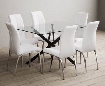 View Bernini 120cm black leg rectangular glass dining table with 6 grey marco chairs View Bernini 120cm black leg rectangular glass dining table with 6 grey marco chairs
