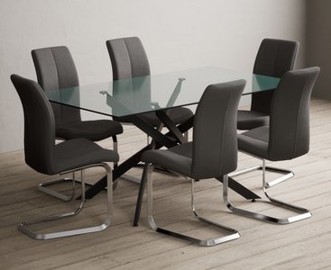 View Bernini 160cm black leg rectangular glass dining table with 8 grey gianni chairs View Bernini 160cm black leg rectangular glass dining table with 8 grey gianni chairs