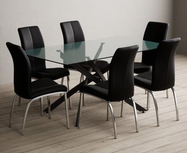 View Bernini 160cm black leg rectangular glass dining table with 6 grey marco chairs View Bernini 160cm black leg rectangular glass dining table with 6 grey marco chairs