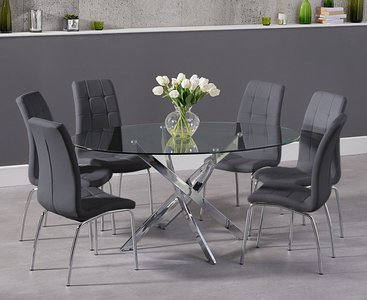 View Bernini 165cm oval glass dining table with 6 grey vigo chairs View Bernini 165cm oval glass dining table with 6 grey vigo chairs