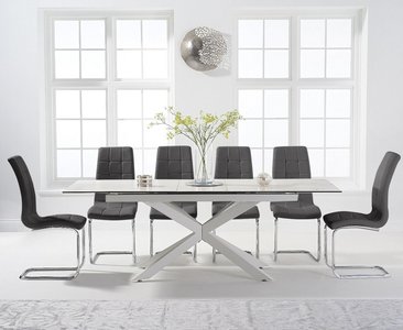 View Extending boston 180cm white ceramic dining table with 8 grey vigo chairs View Extending boston 180cm white ceramic dining table with 8 grey vigo chairs