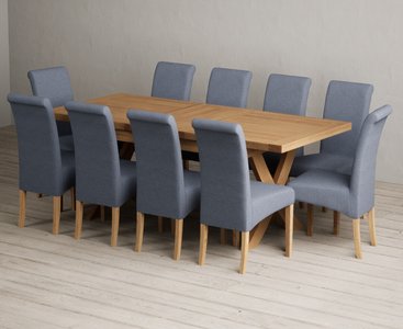 View Extending buckley 160cm solid oak dining table with 10 blue scroll back chairs View Extending buckley 160cm solid oak dining table with 10 blue scroll back chairs