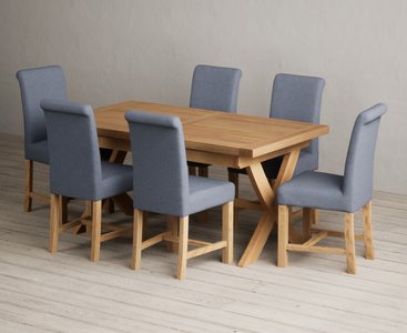 View Extending buckley 160cm solid oak dining table with 6 blue braced chairs View Extending buckley 160cm solid oak dining table with 6 blue braced chairs
