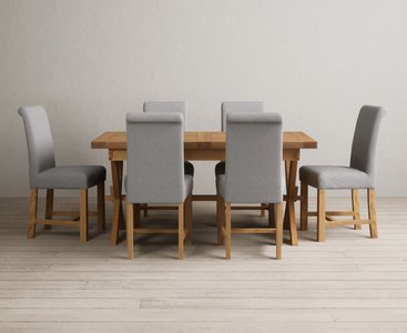 View Extending buckley 160cm solid oak dining table with 6 grey braced chairs View Extending buckley 160cm solid oak dining table with 6 grey braced chairs