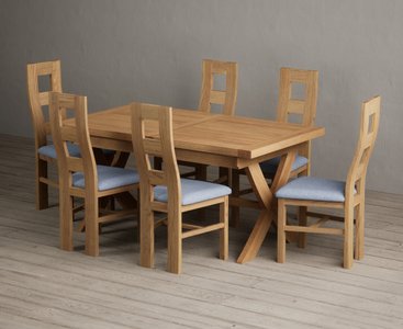 View Extending buckley 160cm solid oak dining table with 6 blue natural chairs View Extending buckley 160cm solid oak dining table with 6 blue natural chairs