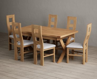 View Extending buckley 160cm solid oak dining table with 6 light grey natural chairs View Extending buckley 160cm solid oak dining table with 6 light grey natural chairs