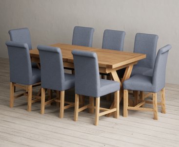 View Extending buckley 160cm solid oak dining table with 8 blue braced chairs View Extending buckley 160cm solid oak dining table with 8 blue braced chairs