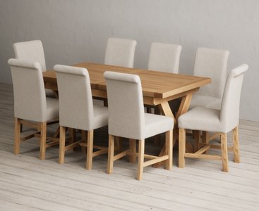 View Extending buckley 160cm solid oak dining table with 8 natural braced chairs View Extending buckley 160cm solid oak dining table with 8 natural braced chairs