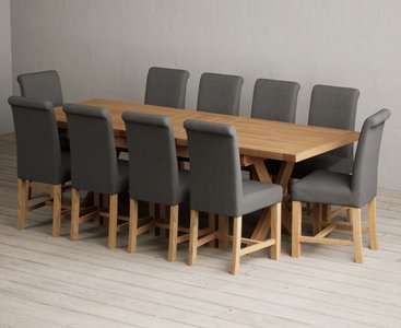 View Extending buckley 200cm solid oak dining table with 10 charcoal grey braced chairs View Extending buckley 200cm solid oak dining table with 10 charcoal grey braced chairs