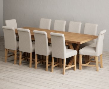 View Extending buckley 200cm solid oak dining table with 10 natural braced chairs View Extending buckley 200cm solid oak dining table with 10 natural braced chairs
