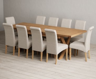 View Extending buckley 200cm solid oak dining table with 10 natural scroll back chairs View Extending buckley 200cm solid oak dining table with 10 natural scroll back chairs
