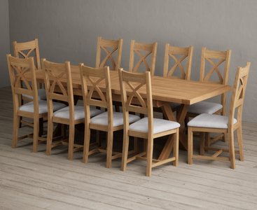 View Extending buckley 200cm solid oak dining table with 10 light grey natural solid oak chairs View Extending buckley 200cm solid oak dining table with 10 light grey natural solid oak chairs