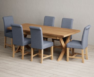 View Extending buckley 200cm solid oak dining table with 6 blue braced chairs View Extending buckley 200cm solid oak dining table with 6 blue braced chairs