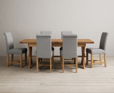 View Extending buckley 200cm solid oak dining table with 6 grey braced chairs View Extending buckley 200cm solid oak dining table with 6 grey braced chairs