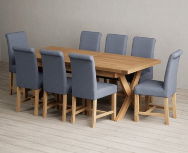 View Extending buckley 200cm solid oak dining table with 8 blue braced chairs View Extending buckley 200cm solid oak dining table with 8 blue braced chairs