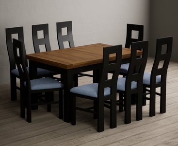 View Extending buxton 140cm oak and black painted dining table with 8 blue painted chairs View Extending buxton 140cm oak and black painted dining table with 8 blue painted chairs