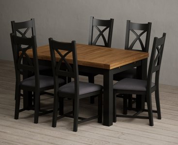 View Extending buxton 140cm oak and black painted dining table with 10 blue painted chairs View Extending buxton 140cm oak and black painted dining table with 10 blue painted chairs