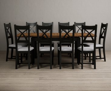 View Extending buxton 140cm oak and black painted dining table with 10 light grey painted chairs View Extending buxton 140cm oak and black painted dining table with 10 light grey painted chairs
