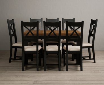 Photo of extending buxton 140cm oak and black painted dining table with 8 linen painted chairs