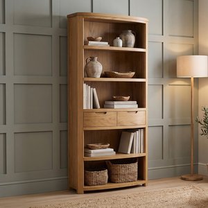 View Somerton curved solid oak tall bookcase View Somerton curved solid oak tall bookcase