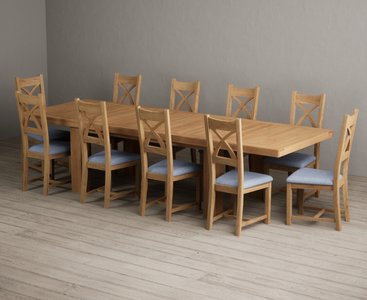 View Extending callington 230cm oak dining table with 10 blue natural solid oak chairs View Extending callington 230cm oak dining table with 10 blue natural solid oak chairs