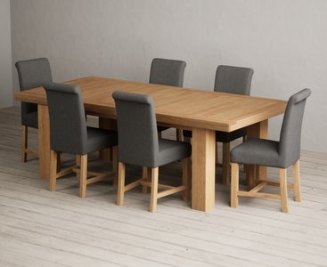 View Extending callington 230cm oak dining table with 6 charcoal grey braced chairs View Extending callington 230cm oak dining table with 6 charcoal grey braced chairs