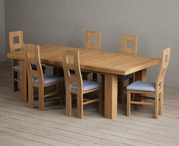 Photo of extending callington 230cm oak dining table with 6 blue natural chairs