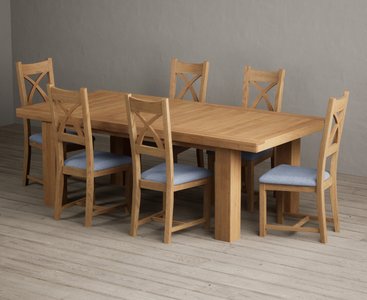 View Extending callington 230cm oak dining table with 6 blue natural solid oak chairs View Extending callington 230cm oak dining table with 6 blue natural solid oak chairs