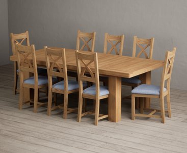 View Extending callington 230cm oak dining table with 8 blue natural solid oak chairs View Extending callington 230cm oak dining table with 8 blue natural solid oak chairs