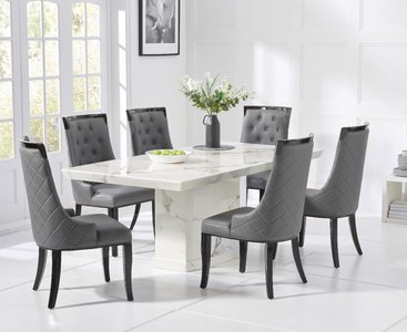 View Carvelle 160cm white pedestal marble dining table with 6 grey francesca chairs View Carvelle 160cm white pedestal marble dining table with 6 grey francesca chairs