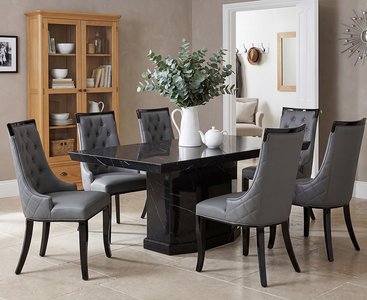 View Carvelle 160cm black pedestal marble table with 6 grey francesca chairs View Carvelle 160cm black pedestal marble table with 6 grey francesca chairs
