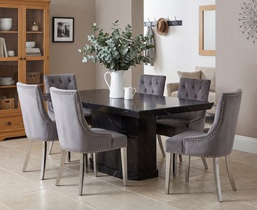 View Carvelle 160cm black pedestal marble table with 6 grey sienna chairs View Carvelle 160cm black pedestal marble table with 6 grey sienna chairs