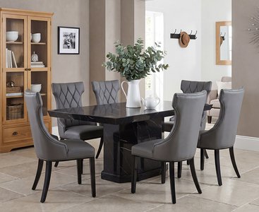 View Carvelle 160cm black pedestal marble table with 6 grey sophia chairs View Carvelle 160cm black pedestal marble table with 6 grey sophia chairs