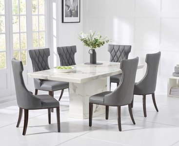 View Carvelle 160cm white pedestal marble dining table with 4 grey sophia chairs View Carvelle 160cm white pedestal marble dining table with 4 grey sophia chairs