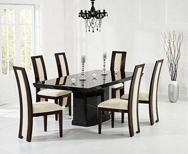 View Carvelle 160cm black pedestal marble dining table with 4 brown novara chairs View Carvelle 160cm black pedestal marble dining table with 4 brown novara chairs